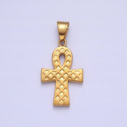 Stainless Steel Clear Micro Paved CZ Egyptian Ankh Key Cross Gold Pendant J-796