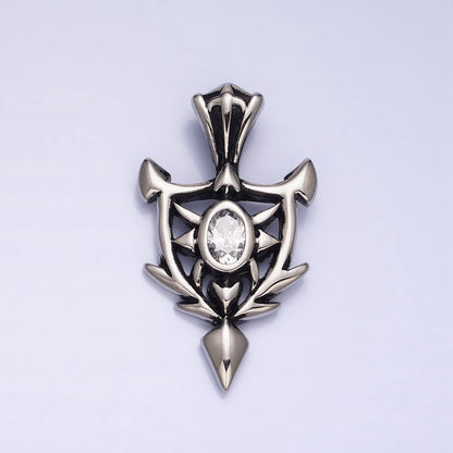 Stainless Steel Clear Oval CZ Sharp Horned Pointed Arrow Crest Shield Pendant in Gold &amp; Silver | P1101