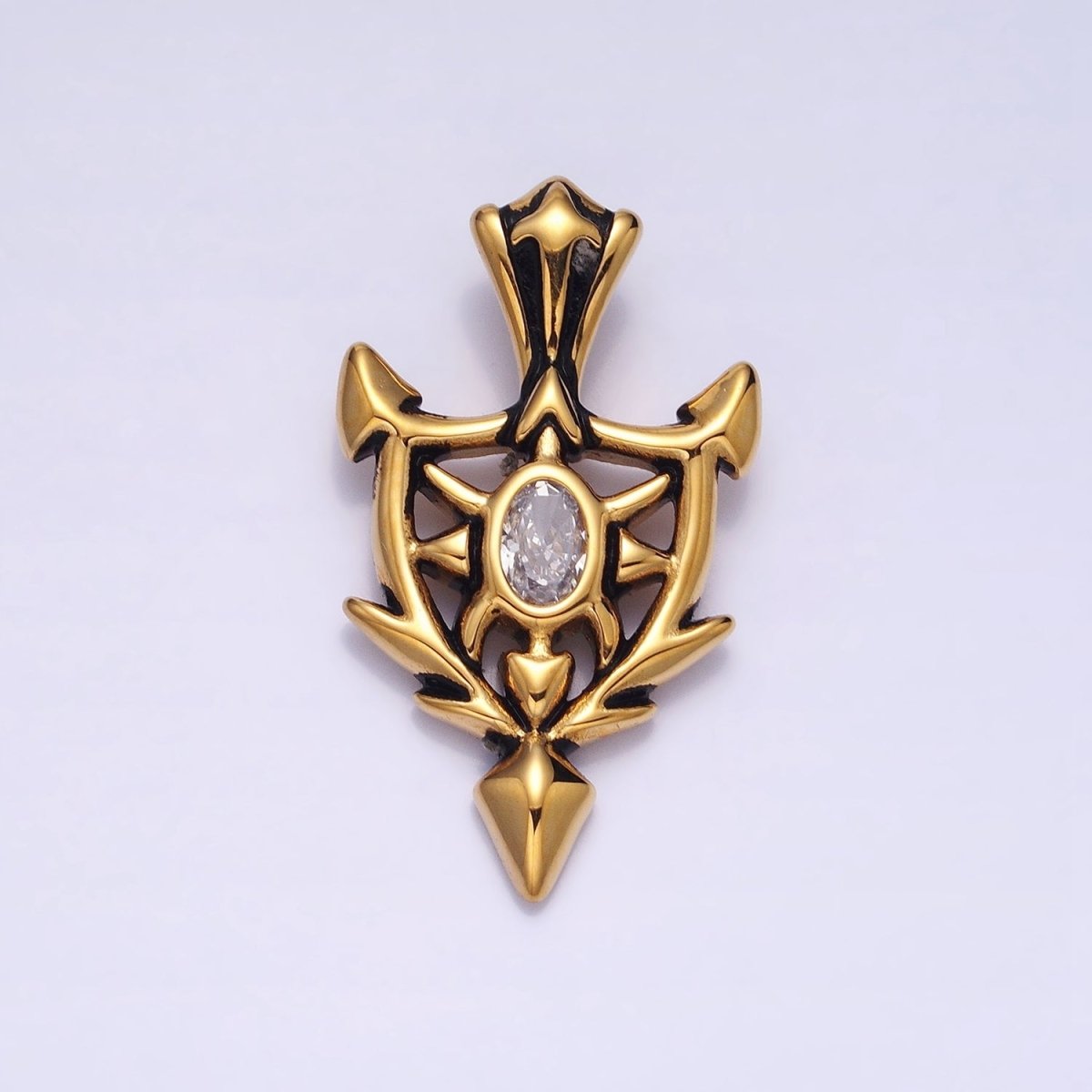 Stainless Steel Clear Oval CZ Sharp Horned Pointed Arrow Crest Shield Pendant in Gold &amp; Silver | P1101