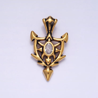 Stainless Steel Clear Oval CZ Sharp Horned Pointed Arrow Crest Shield Pendant in Gold &amp; Silver | P1101