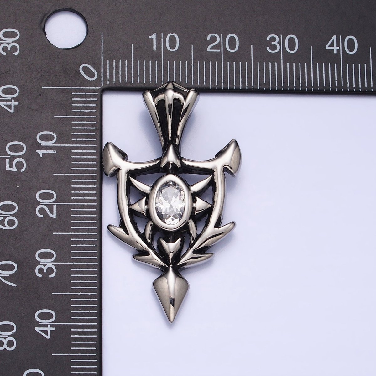 Stainless Steel Clear Oval CZ Sharp Horned Pointed Arrow Crest Shield Pendant in Gold &amp; Silver | P1101