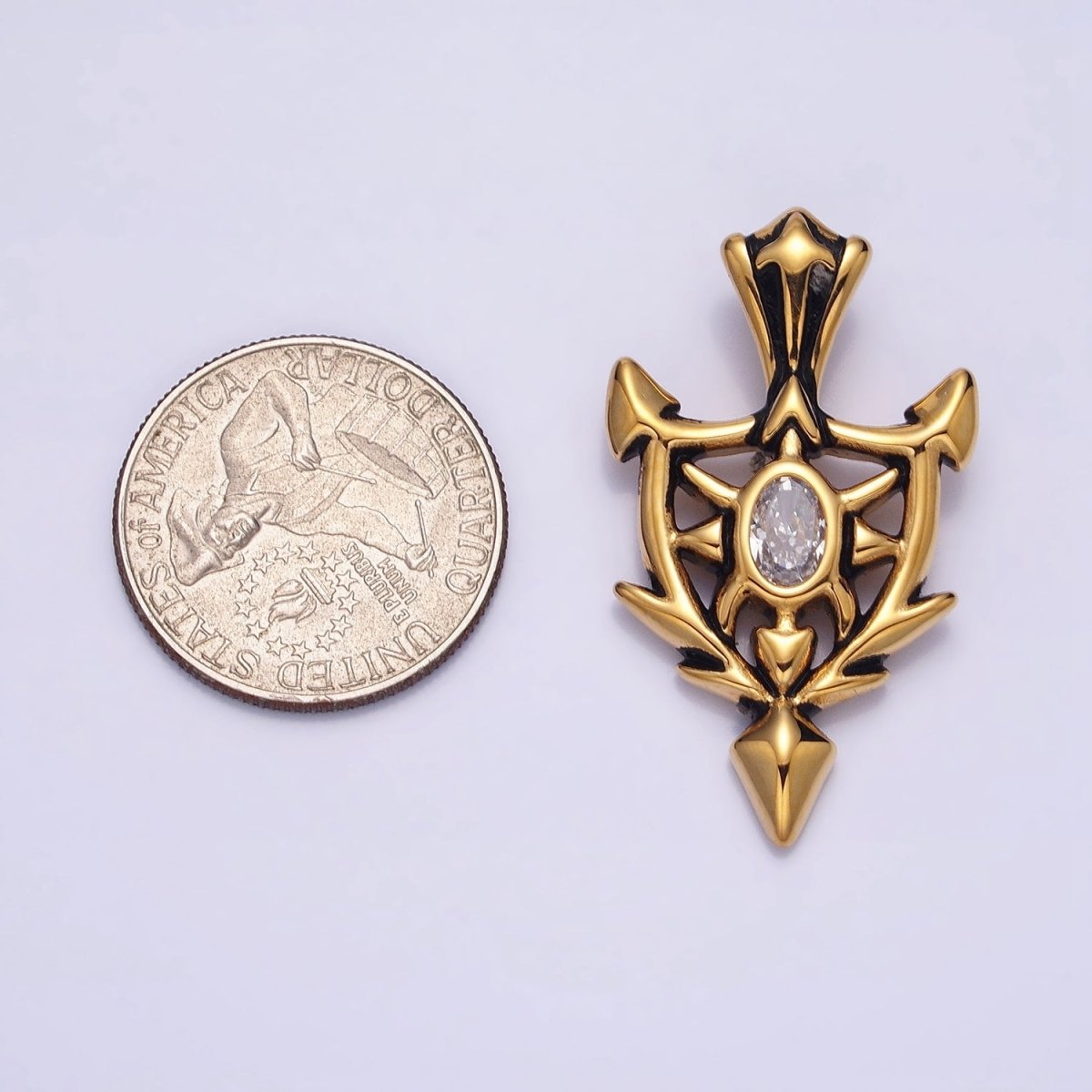 Stainless Steel Clear Oval CZ Sharp Horned Pointed Arrow Crest Shield Pendant in Gold &amp; Silver | P1101