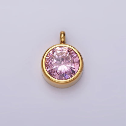 Stainless Steel Clear, Pink, Black, Green CZ Round Bezel Minimalist Charm | P-641 ~ P-644