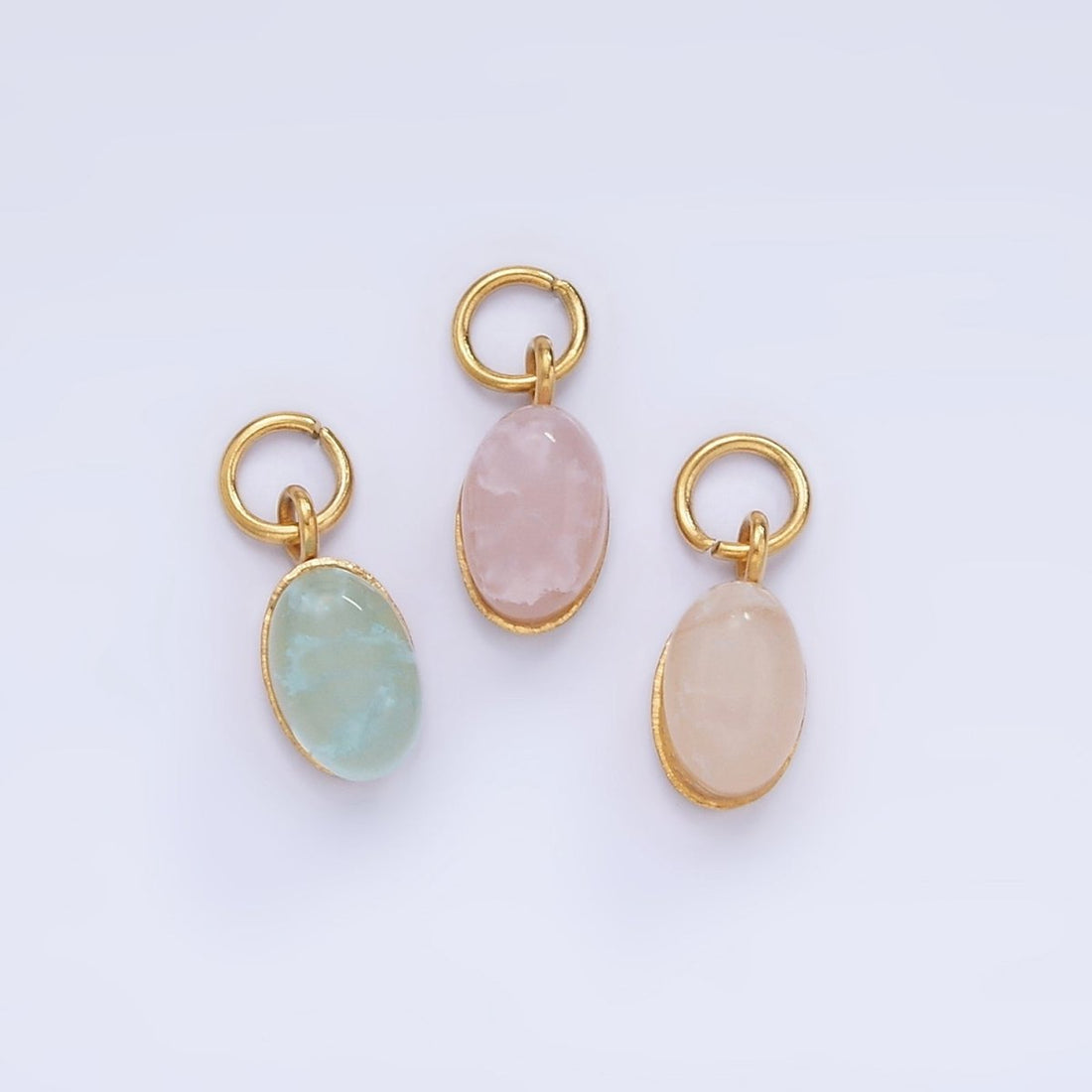 Stainless Steel Clear, Pink, Teal Agate Gemstone Oval Charm | P985