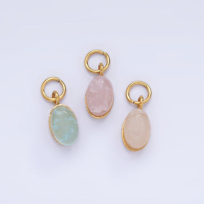 Stainless Steel Clear, Pink, Teal Agate Gemstone Oval Charm | P985