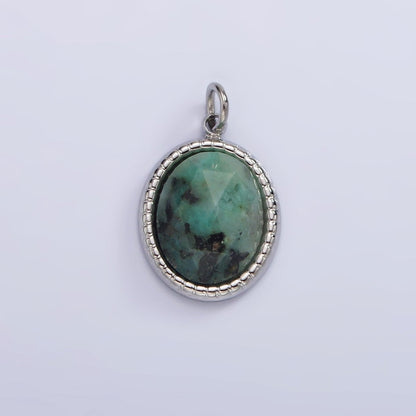 Stainless Steel Clear Quartz, Amazonite, Zoisite, Aventurine, Lapis Lazuli Bezel Oval Charm in Silver &amp; Gold | P690-p692