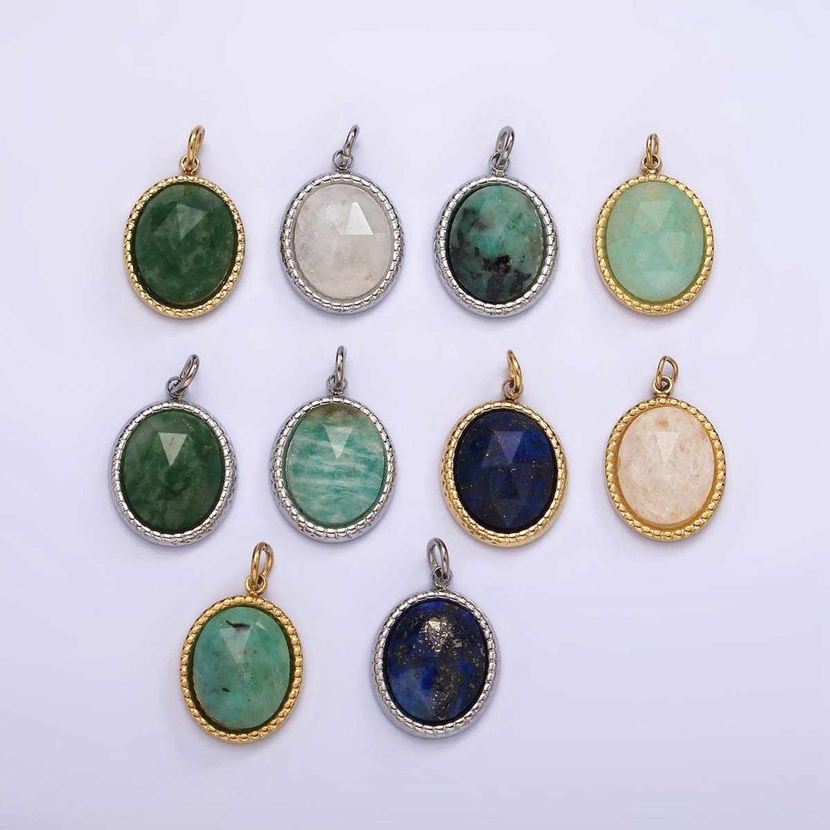 Stainless Steel Clear Quartz, Amazonite, Zoisite, Aventurine, Lapis Lazuli Bezel Oval Charm in Silver &amp; Gold | P690-p692