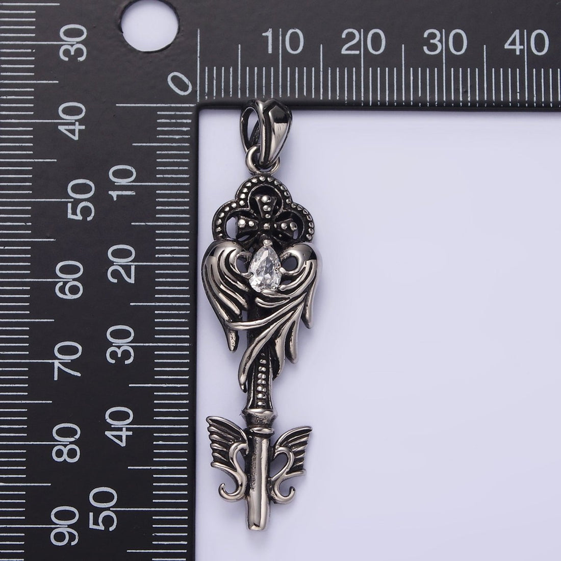 Stainless Steel Clear Teardrop CZ Wings Beaded Pattee Quatrefoil Key Pendant | P-743