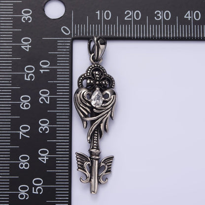 Stainless Steel Clear Teardrop CZ Wings Beaded Pattee Quatrefoil Key Pendant | P-743