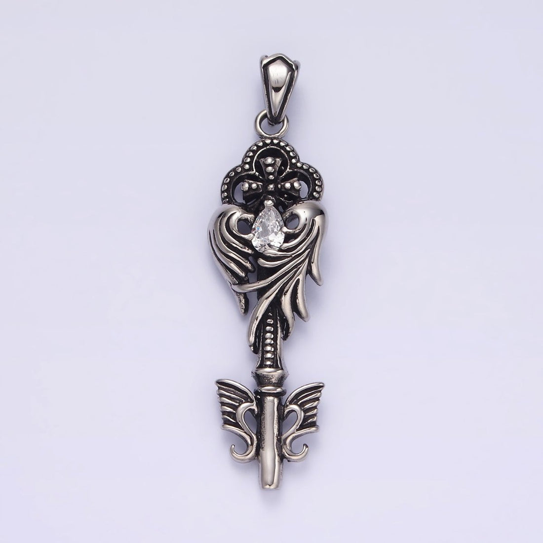 Stainless Steel Clear Teardrop CZ Wings Beaded Pattee Quatrefoil Key Pendant | P-743