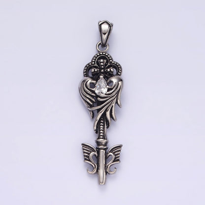 Stainless Steel Clear Teardrop CZ Wings Beaded Pattee Quatrefoil Key Pendant | P-743