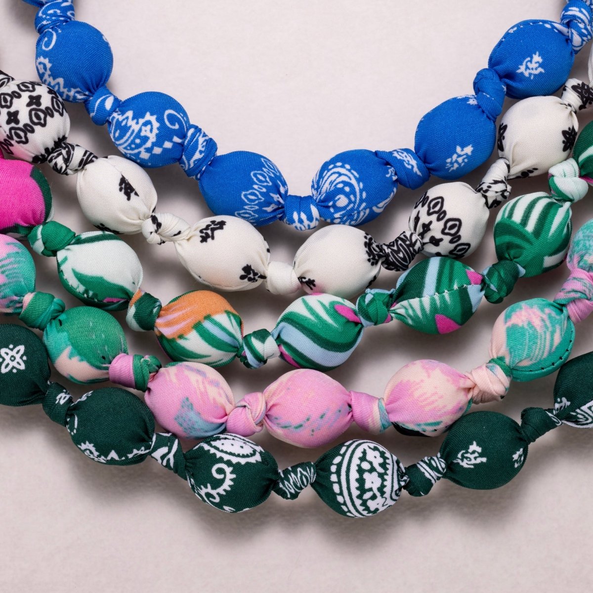 Stainless Steel Colorful Fabric Wrapped Bead Statement 17 Inch Handmade Scarf Necklace w. Extender | WA-04396 - WA-04400