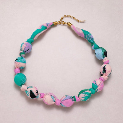 Stainless Steel Colorful Fabric Wrapped Bead Statement 17 Inch Handmade Scarf Necklace w. Extender | WA-04396 - WA-04400