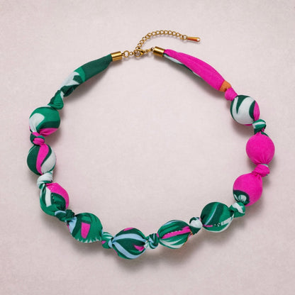 Stainless Steel Colorful Fabric Wrapped Bead Statement 17 Inch Handmade Scarf Necklace w. Extender | WA-04396 - WA-04400