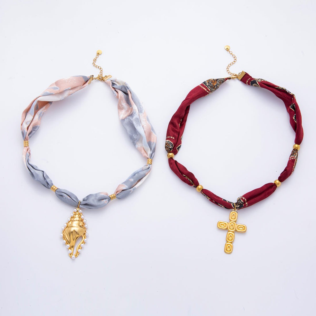 Stainless Steel Conch Sea Shell, Religious Cross Smooth Silk Scarf Handmade Necklace | WA-3779 WA-3780