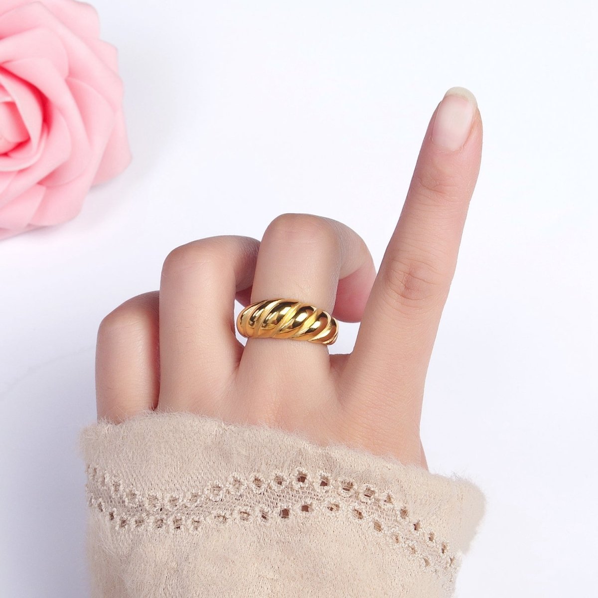 Stainless Steel Croissant Dome Twist Ring in Gold &amp; Silver | O-1633~O-1640