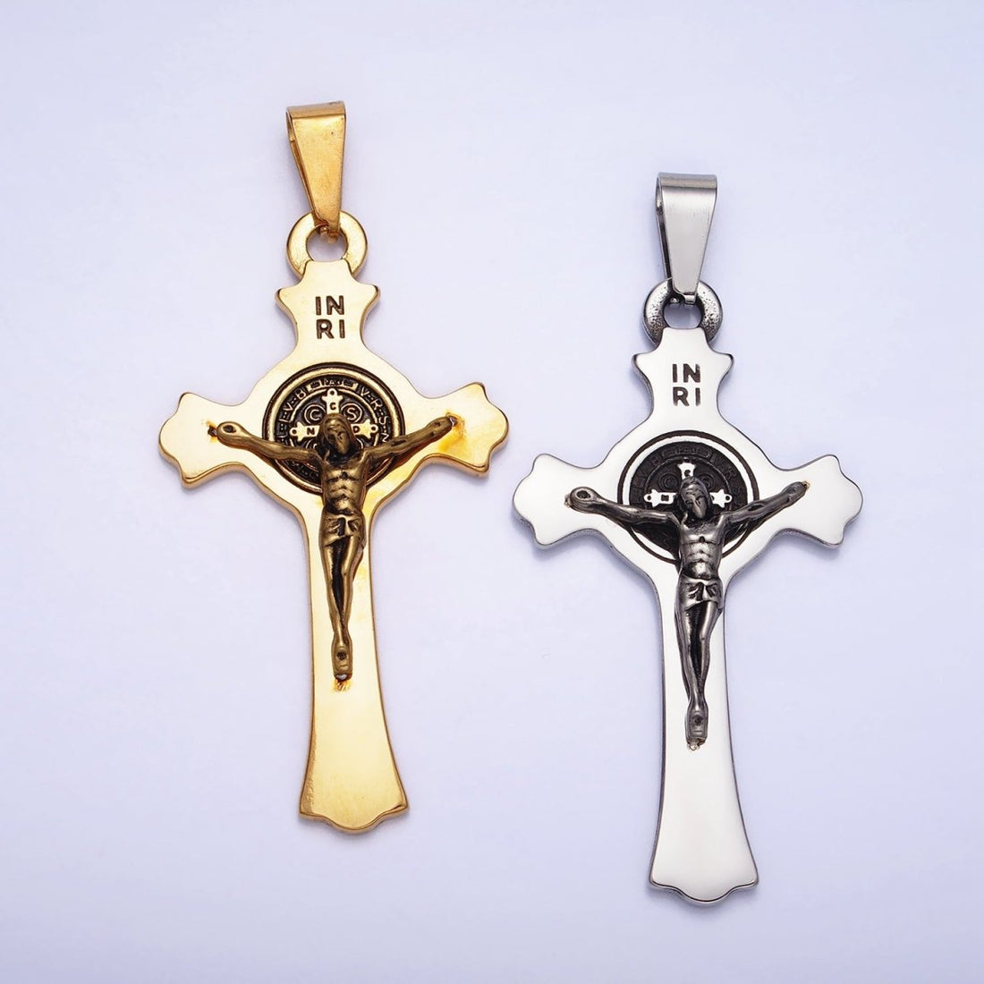 Stainless Steel Crucifix Cross SMQLIVB PAX VRSNSMV Saint Benedict Engraved Double Sided Pendant in Gold &amp; Silver | P-1163
