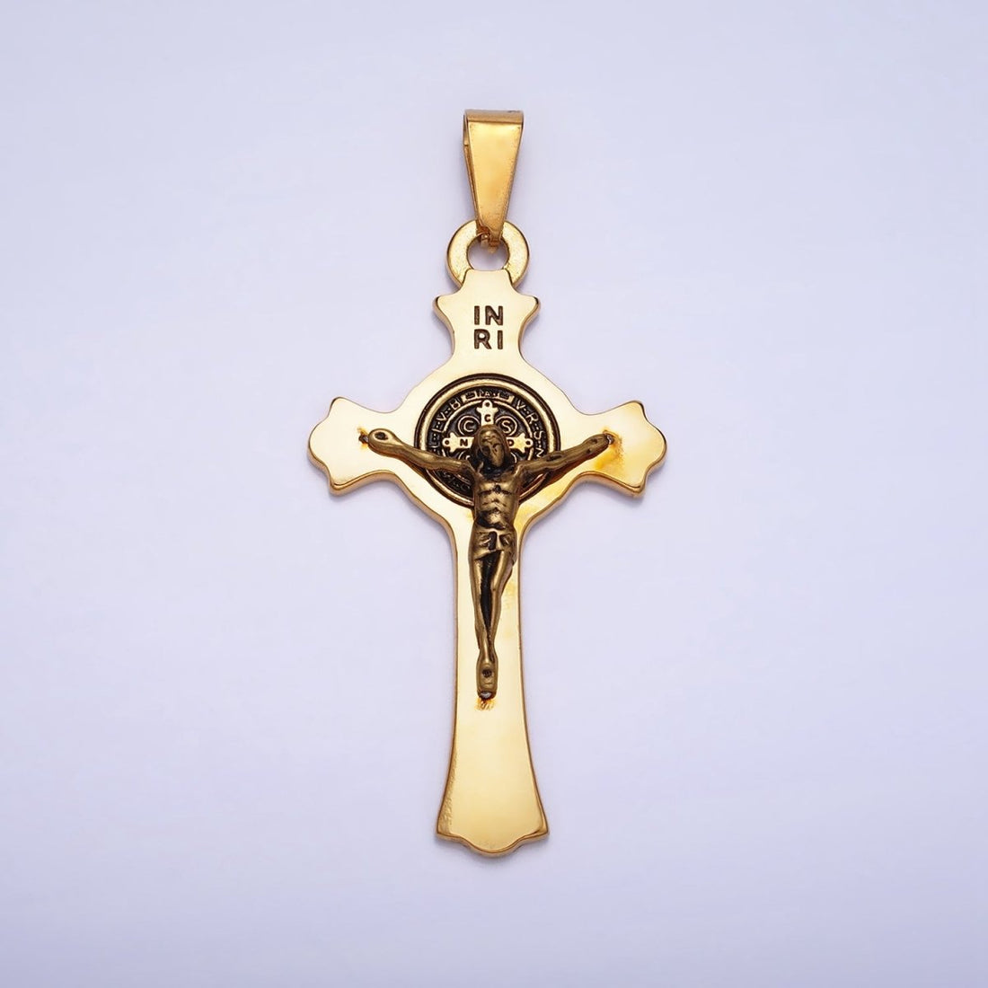 Stainless Steel Crucifix Cross SMQLIVB PAX VRSNSMV Saint Benedict Engraved Double Sided Pendant in Gold &amp; Silver | P-1163