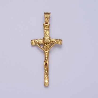Stainless Steel Crucifix Cross Wood Textured Pendant in Silver &amp; Gold P-1145
