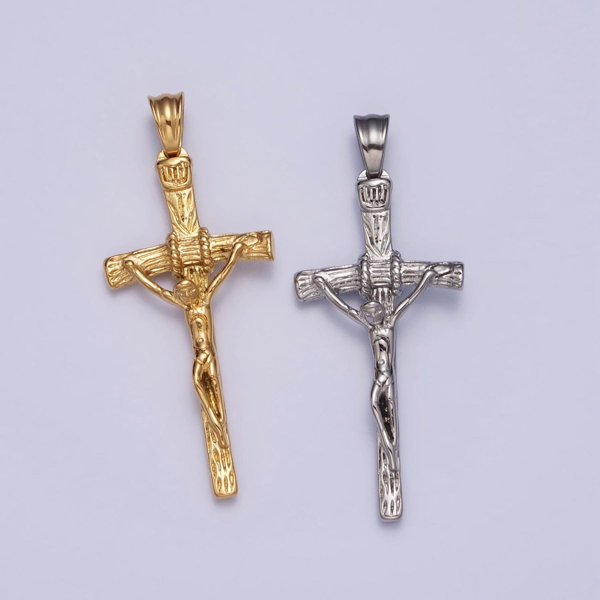 Stainless Steel Crucifix Cross Wood Textured Pendant in Silver &amp; Gold P-1145