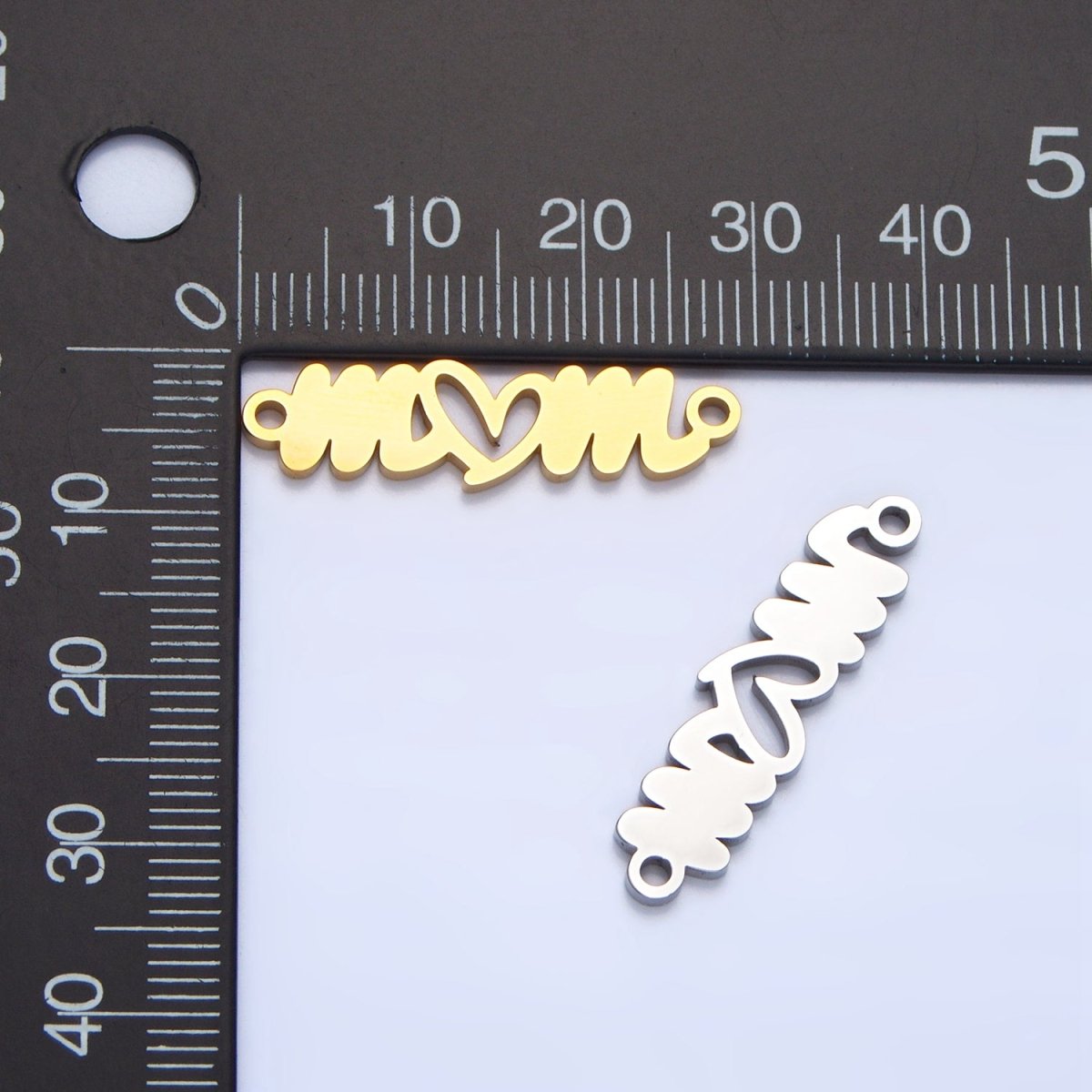 Stainless Steel Cursive "Mom" Heart Charm Connector in Gold &amp; Silver | G-457