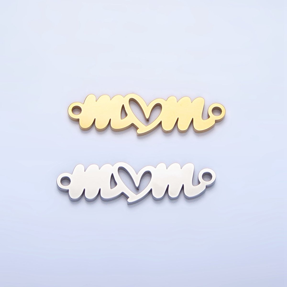 Stainless Steel Cursive "Mom" Heart Charm Connector in Gold &amp; Silver | G-457