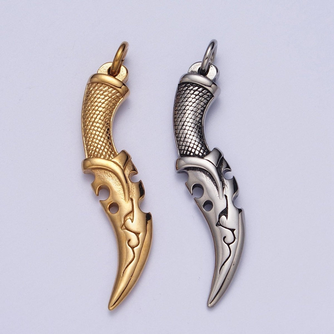 Stainless Steel Curved Engraved Dagger Knife Charm in Gold &amp; Silver J-460 J-461