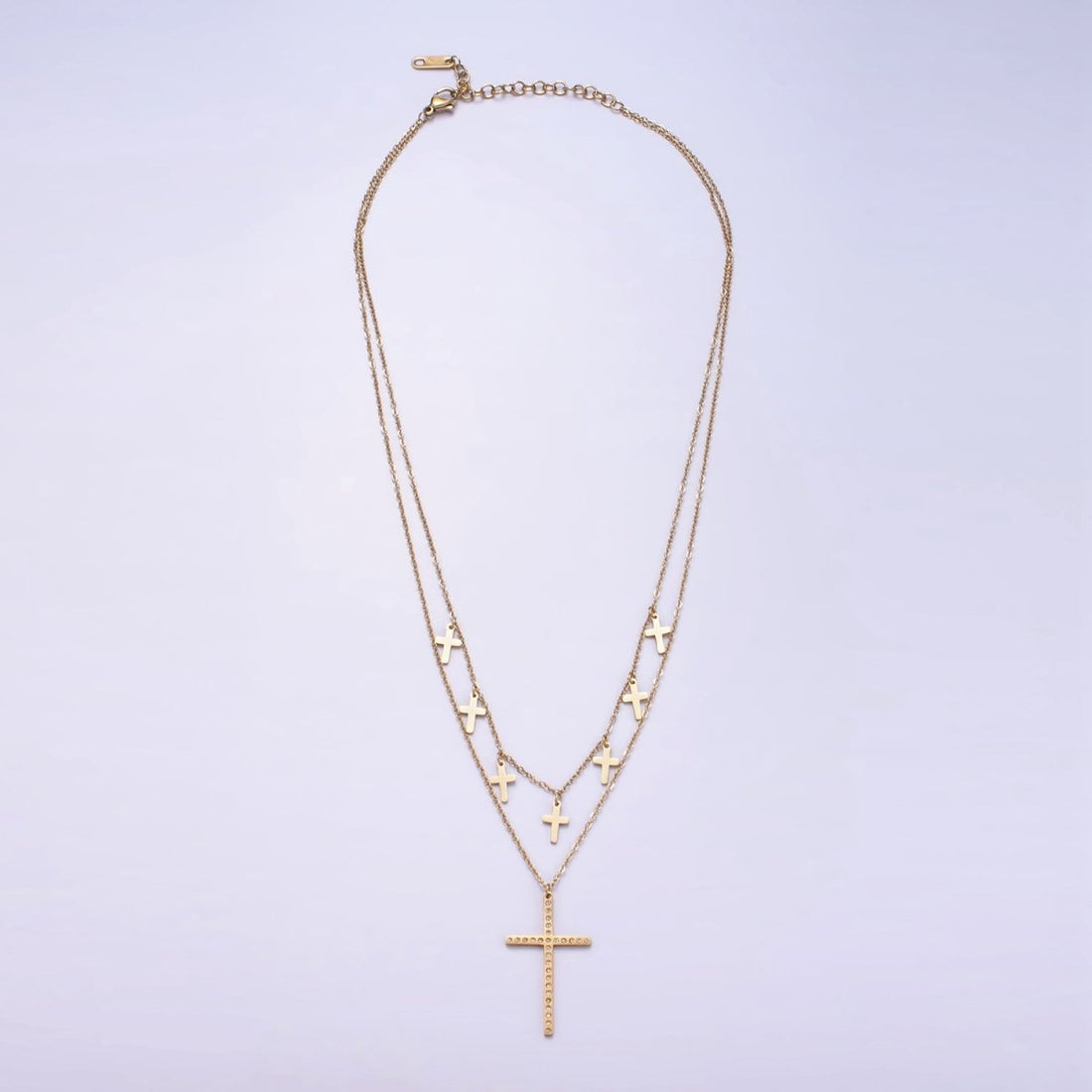 Stainless Steel CZ Dotted Religious Cross Drop Cable Chain Double Layering Necklace | WA-2547