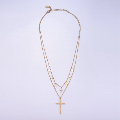Stainless Steel CZ Dotted Religious Cross Drop Cable Chain Double Layering Necklace | WA-2547