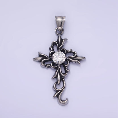 Stainless Steel CZ Elaborate Artisan Cross Oxidized Silver Pendant | P1422