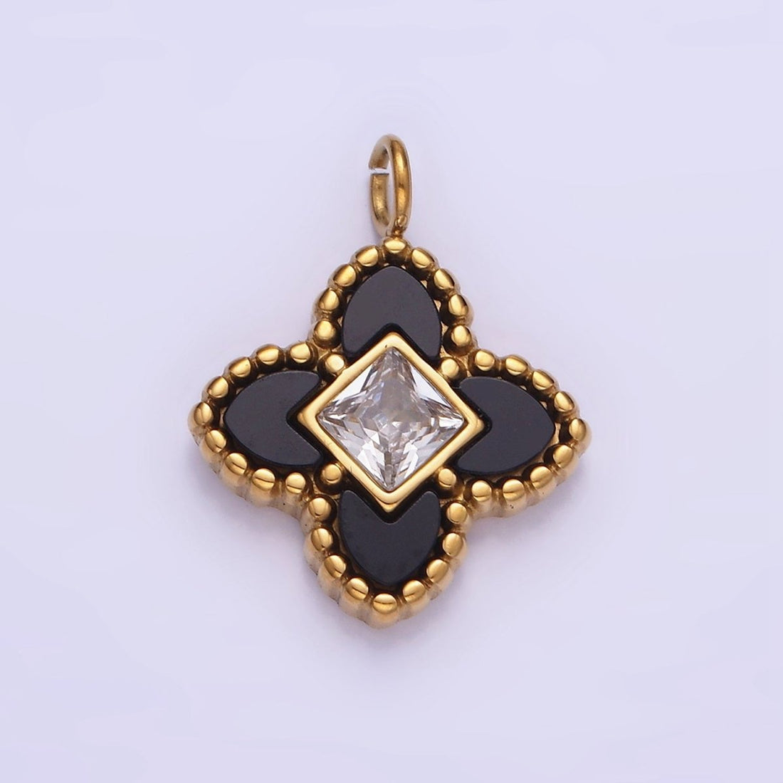 Stainless Steel CZ Four-Leaf Petal Flower Micro Paved Mini Add-On Charm Black White Enamel Charm P1381