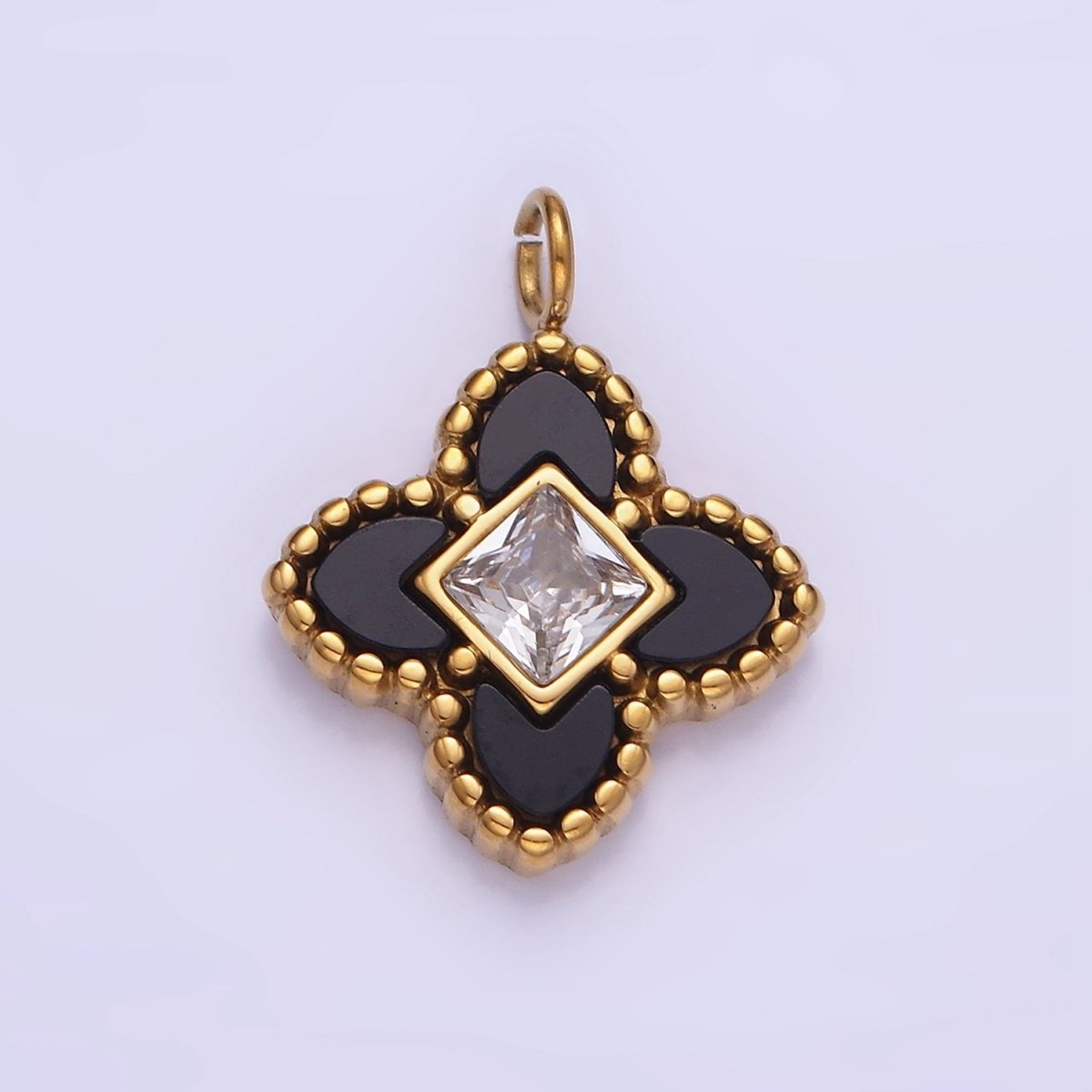 Stainless Steel CZ Four-Leaf Petal Flower Micro Paved Mini Add-On Charm Black White Enamel Charm P1381