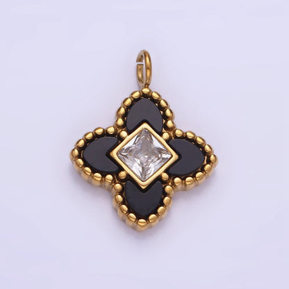 Stainless Steel CZ Four-Leaf Petal Flower Micro Paved Mini Add-On Charm Black White Enamel Charm P1381
