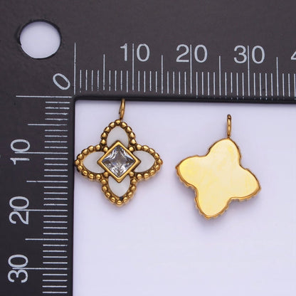 Stainless Steel CZ Four-Leaf Petal Flower Micro Paved Mini Add-On Charm Black White Enamel Charm P1381
