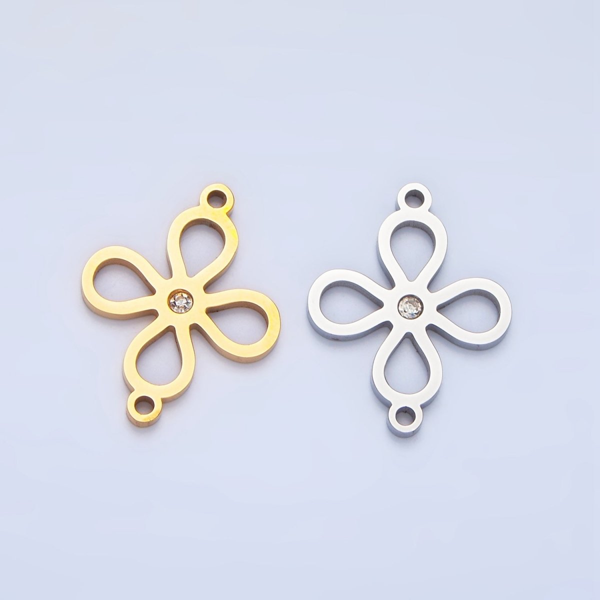 Stainless Steel CZ Lucky Charm Four Leaf Clover Charm Connector in Gold &amp; Silver | F-412