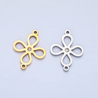 Stainless Steel CZ Lucky Charm Four Leaf Clover Charm Connector in Gold &amp; Silver | F-412