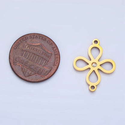 Stainless Steel CZ Lucky Charm Four Leaf Clover Charm Connector in Gold &amp; Silver | F-412