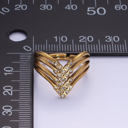 Stainless Steel CZ Micro Paved Dotted Multiple Band Chevron Ring | O1282