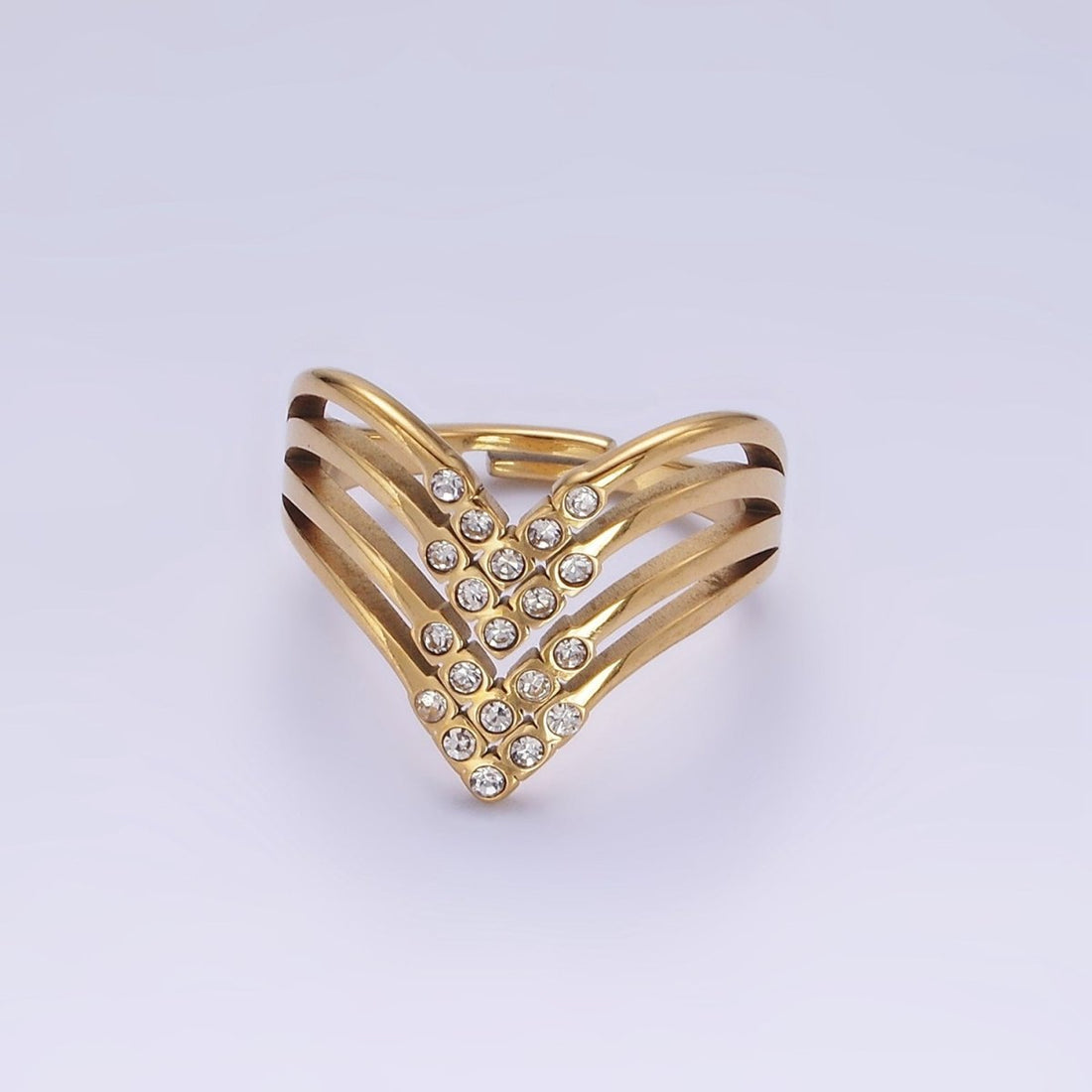 Stainless Steel CZ Micro Paved Dotted Multiple Band Chevron Ring | O1282