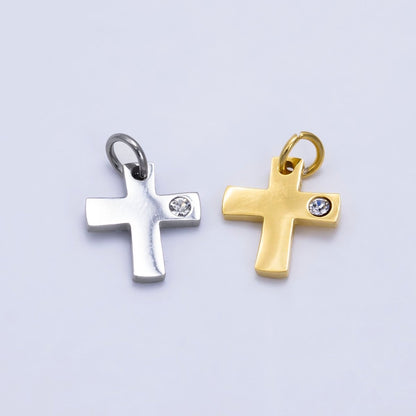 Stainless Steel 12mm Clear CZ Minimalist Cross Charm in Gold &amp; Silver | P1294
