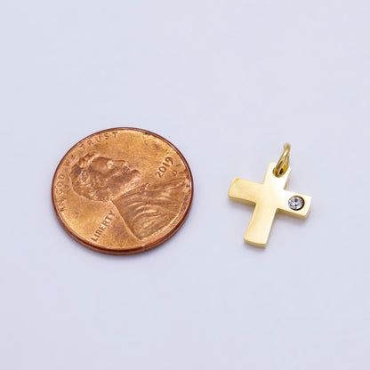 Stainless Steel 12mm Clear CZ Minimalist Cross Charm in Gold &amp; Silver | P1294