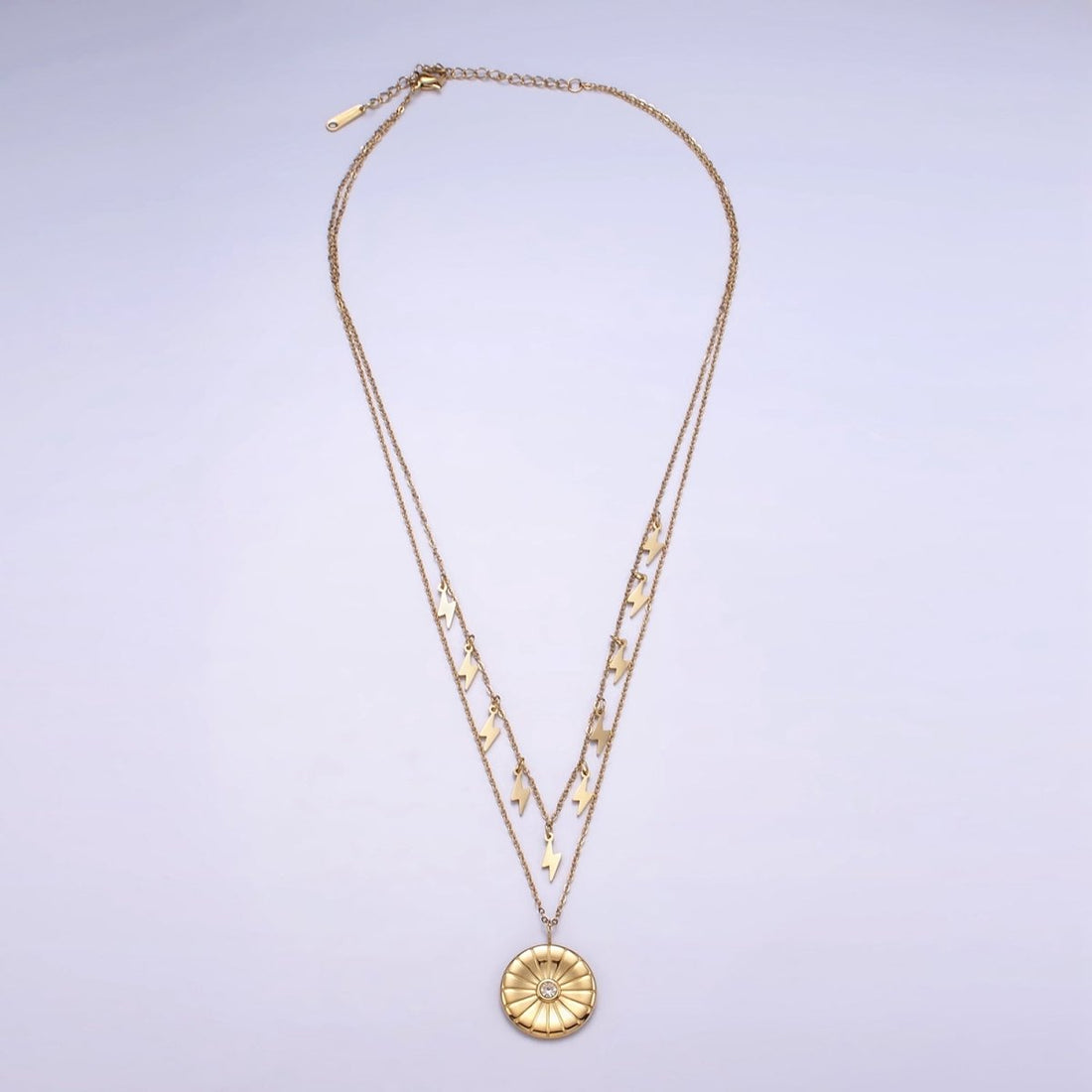 Stainless Steel CZ Round Lightning Bolt Cable Chain Double Layering Necklace | WA-2541