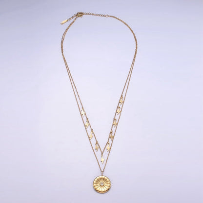 Stainless Steel CZ Round Lightning Bolt Cable Chain Double Layering Necklace | WA-2541