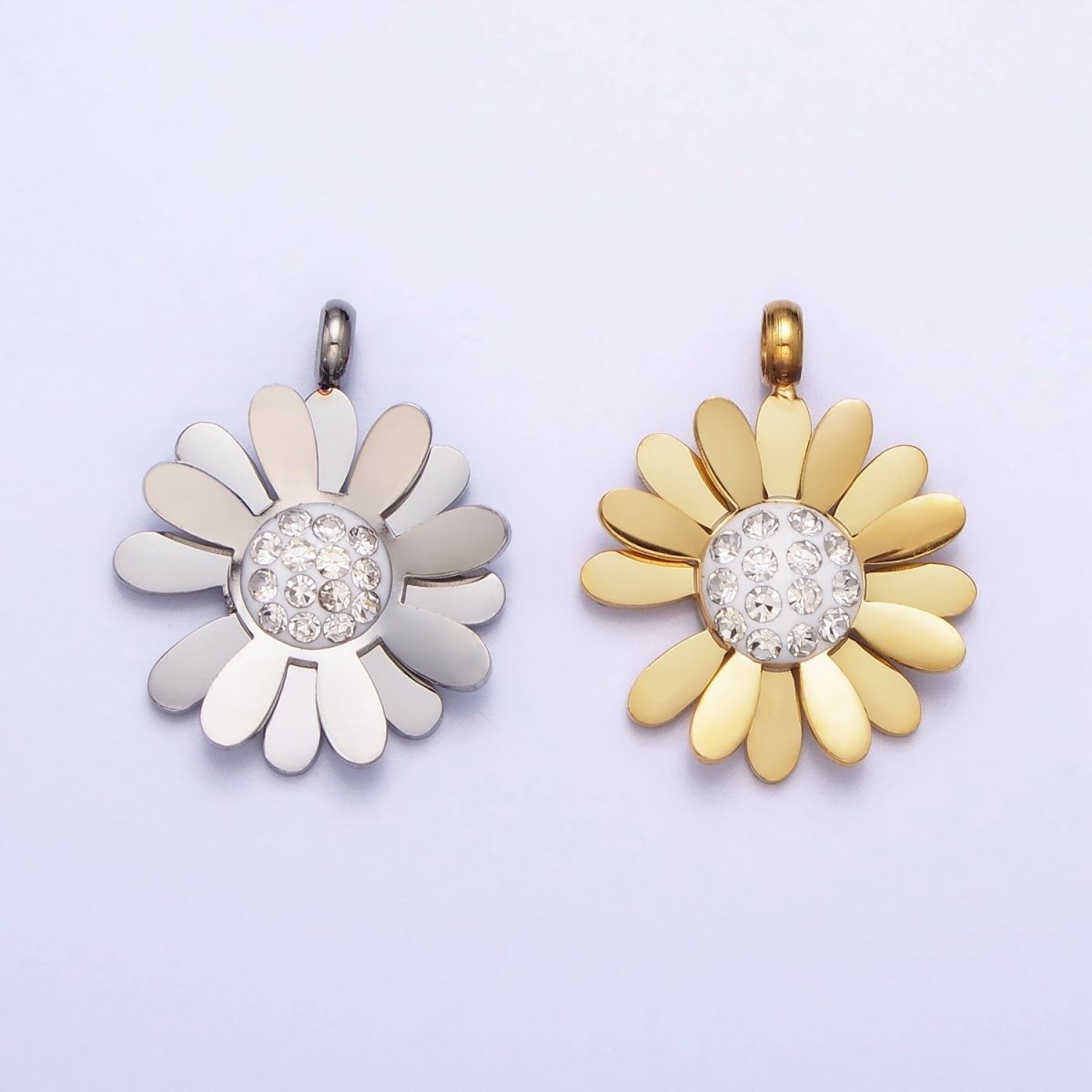 Stainless Steel Daisy Flower Micro Paved Round Summer Spring Charm Pendant in Gold &amp; Silver | P-923