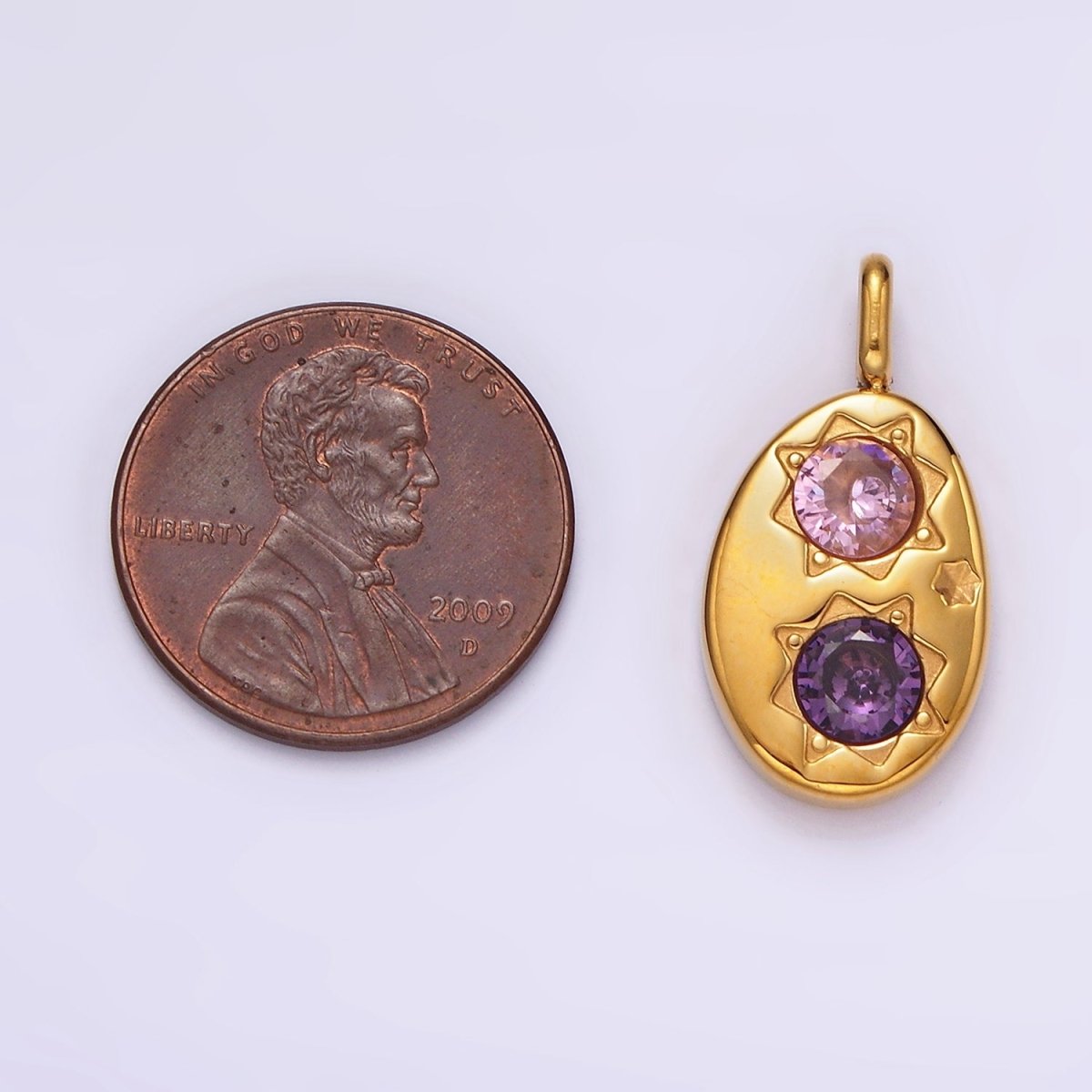 Stainless Steel Double Celestial Sun Purple Pink CZ Oval Pendant in Gold &amp; Silver | P-671 P-672