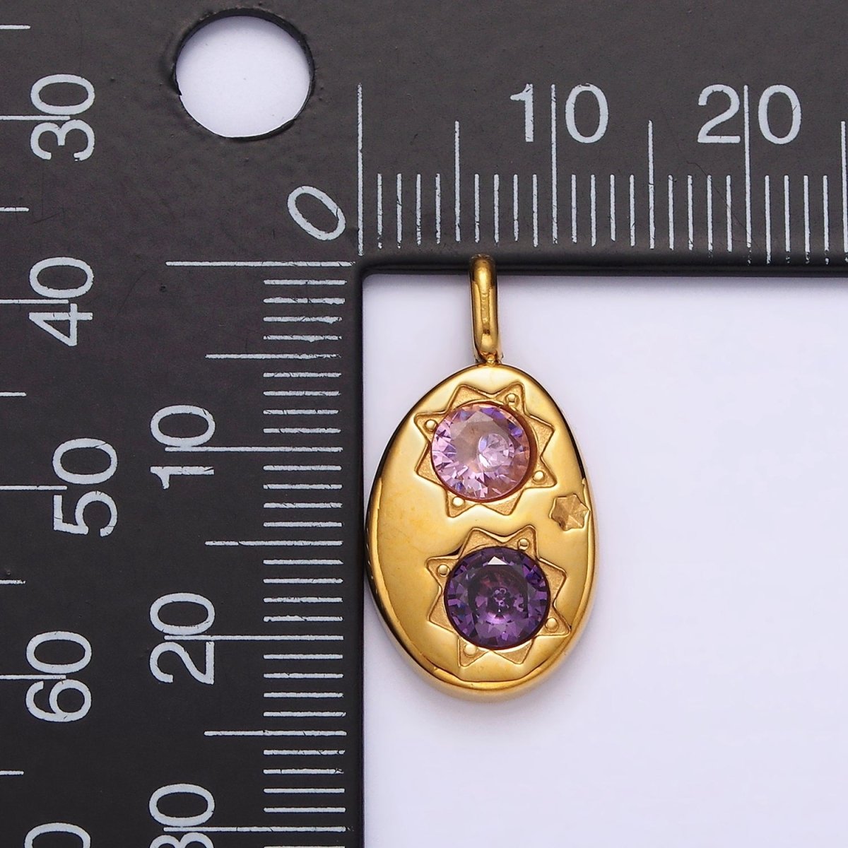 Stainless Steel Double Celestial Sun Purple Pink CZ Oval Pendant in Gold &amp; Silver | P-671 P-672