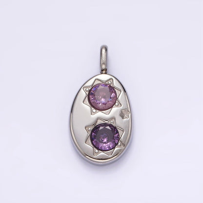 Stainless Steel Double Celestial Sun Purple Pink CZ Oval Pendant in Gold &amp; Silver | P-671 P-672