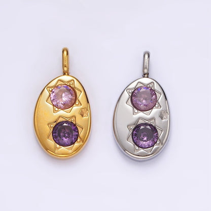 Stainless Steel Double Celestial Sun Purple Pink CZ Oval Pendant in Gold &amp; Silver | P-671 P-672