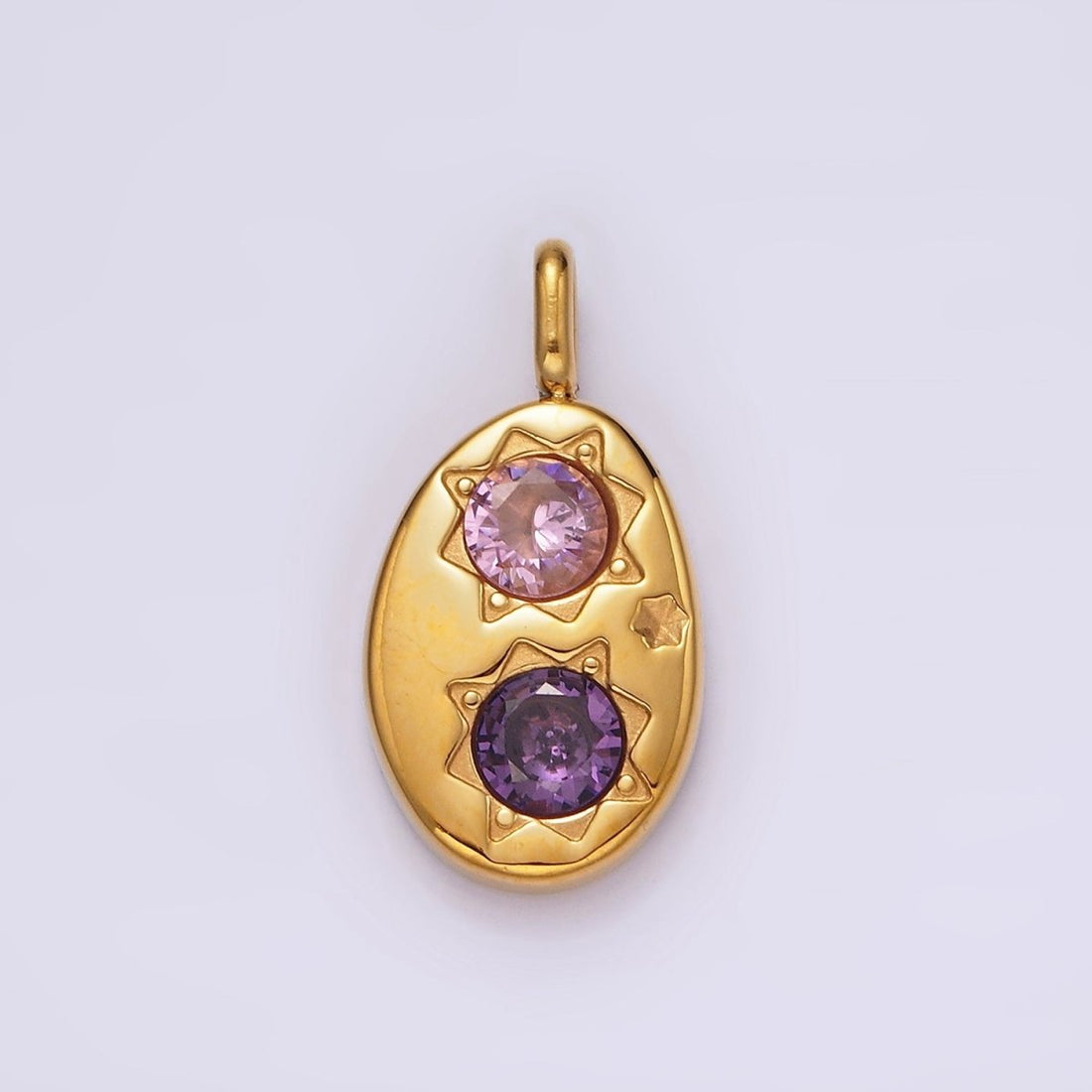 Stainless Steel Double Celestial Sun Purple Pink CZ Oval Pendant in Gold &amp; Silver | P-671 P-672