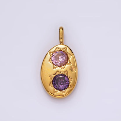 Stainless Steel Double Celestial Sun Purple Pink CZ Oval Pendant in Gold &amp; Silver | P-671 P-672